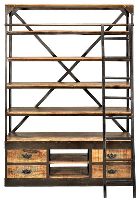 Rustic Wood Industrial Large Library Bookcase With Ladder And Drawers