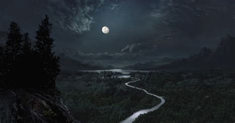 Moon Mountain Forest River Lake Night Hd Wallpaper Peakpx