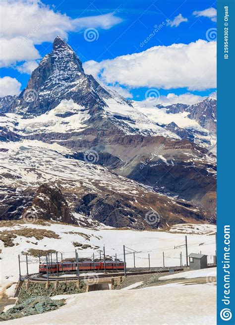 Scenic View On Snowy Matterhorn Mountain Peak In The Swiss Alps With