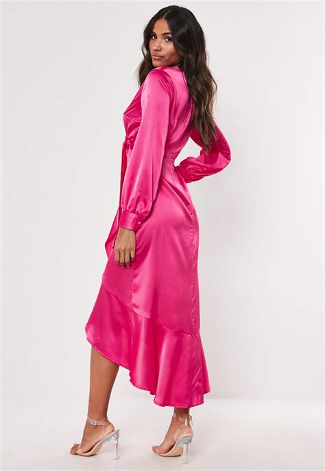 Hot Pink Satin Plunge Frill Midi Dress Missguided