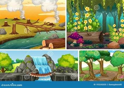 Cuatro Escenas De Naturaleza Diferentes Del Estilo De Dibujos Animados