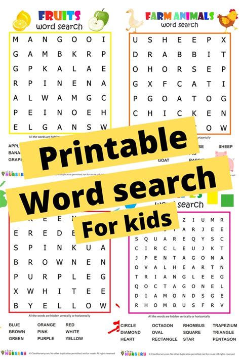 The Printable Word Search For Kids Is Shown With Words And Pictures To
