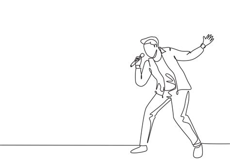 Single Continuous Line Drawing Of Young Happy Male Pop Singer Holding