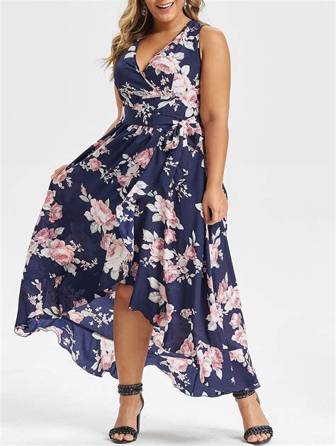 [33 Off] 2021 Plus Size Floral Print Sleeveless High Low Maxi Dress In Cadetblue Dresslily
