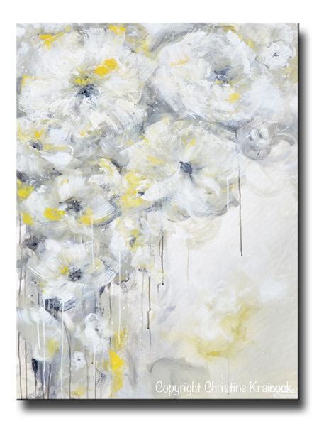 Original Art Yellow Grey Abstract Painting White Flowers