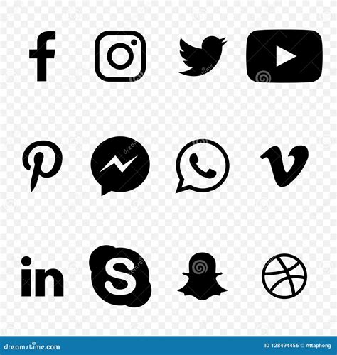 Black And White Social Media Icons On Transparent Background Vector
