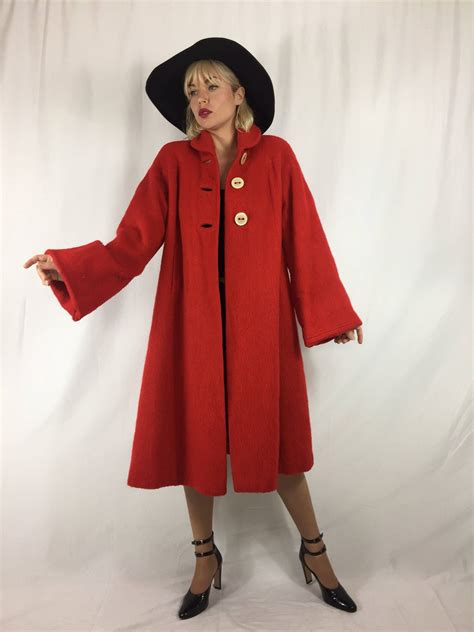 Vintage 1940s 50s Cashmere Red Coat Oversized Retro Classic