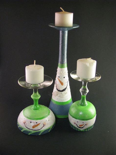 Snowman Candle Holders Blue Green Striped Snowmen Etsy Snowman Wine