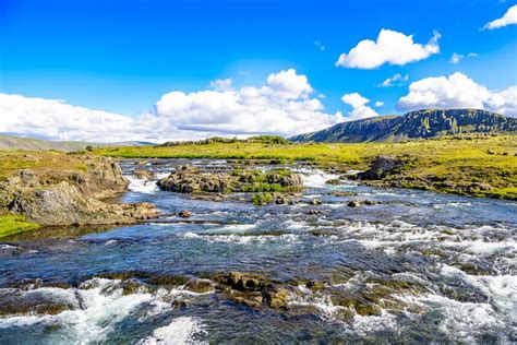 Beautiful Icelandic Waterfall Vista Stock Photo Image Of Hill