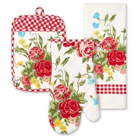 The Pioneer Woman Sweet Rose Kitchen Towel Oven Mitt And Pot Holder Set Multi Color 3