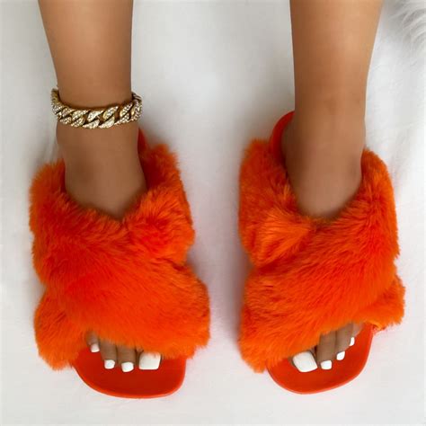 Lovebug Orange Fluffy Faux Fur Cross Strap Slippers Simmi London