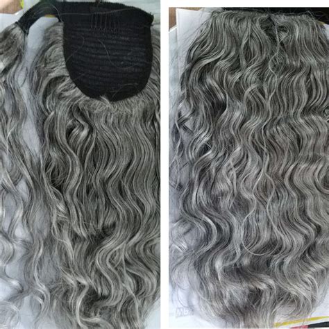 Grey Hair Wet Wavy Wrap Around Ponytail Hairpiece Silver Grey Real Hair