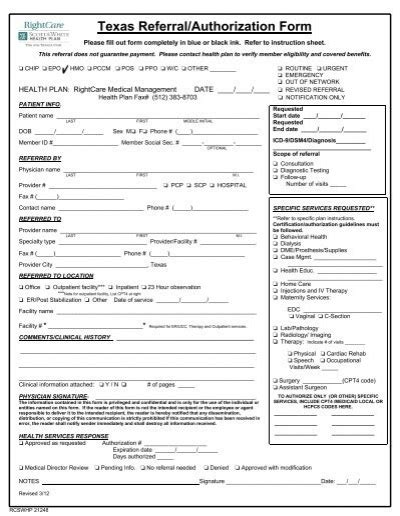 Texas Referralauthorization Form Instructions