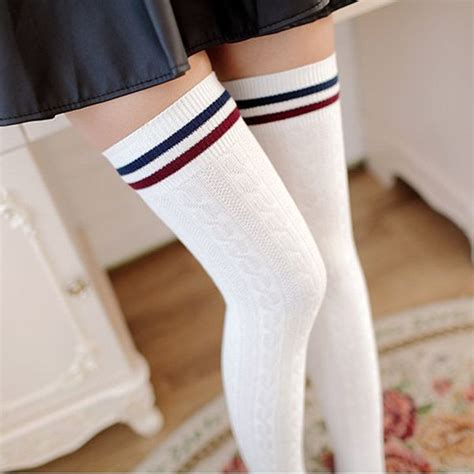 Women Twist Vertical Stripes Leg Warmers Cotton Over Knee Socks