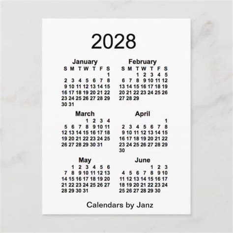 2028 White 6 Month Mini Calendar By Janz Postcard Zazzle