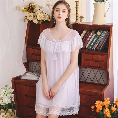 2019 Vintage Summer Sleepwear Elegant Lace Ruffed Short Sleeve Nightdress Cotton Lining Chemise