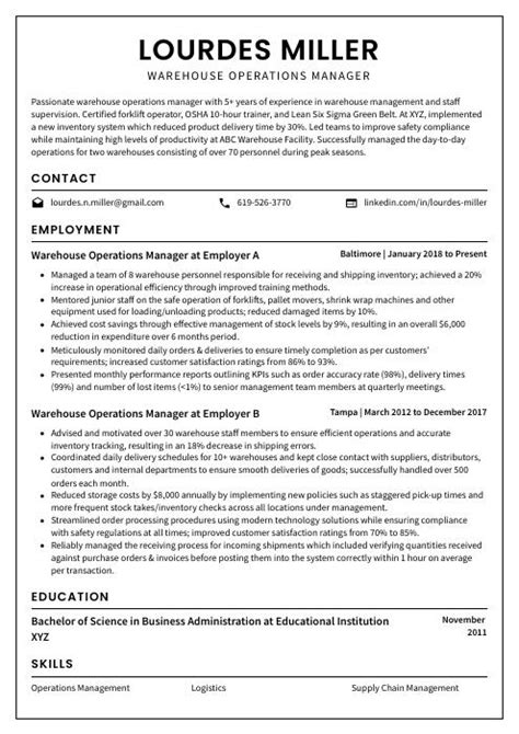 Warehouse Operations Manager Resume Cv Example And Writing Guide