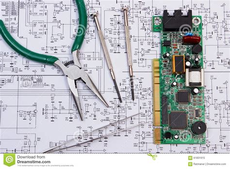 Printed Circuit Board And Precision Tools On Diagram Of