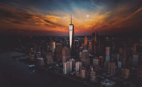 Cityscape New York City Sunset Skyscraper One World Trade Center Hd