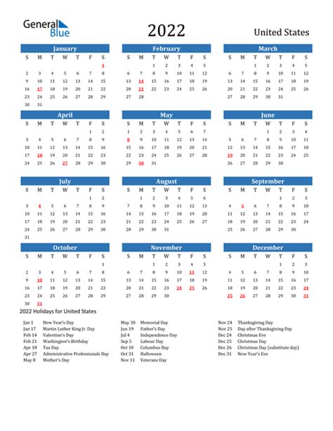 2022 Calendar With Holidays Usa Printable