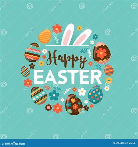 Colorful Happy Easter Greeting Card With Rabbit Bunny And Text Stock