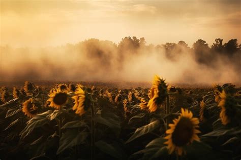 Premium Ai Image A Field Of Sunflowers In Smoke