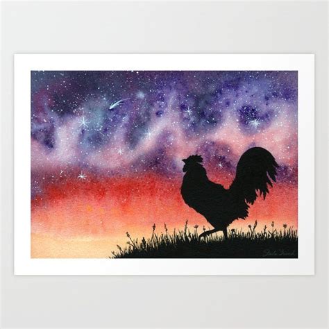 A Rooster Silhouetted Against A Sunset Galaxy Watercolor Art Prints