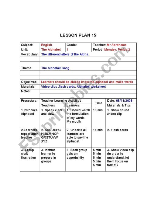 Alphabet Lesson plan - ESL worksheet by nostrad