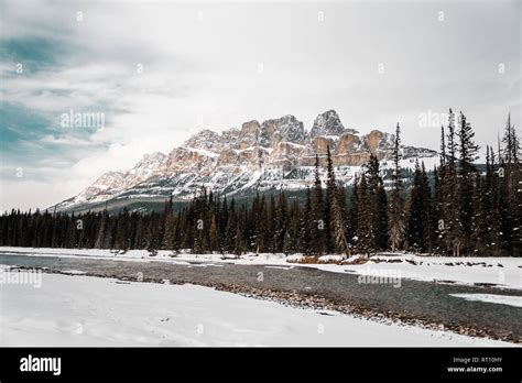 Scenic Bow River And Castle Mountain In Winter Banff National Park