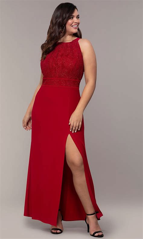 Lace Bodice Long Plus Size Formal Prom Dress Red Prom Dress Plus