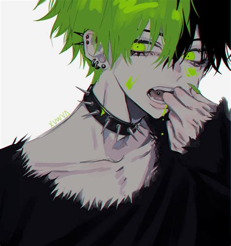 An Anime Character With Green Hair And Piercings On His Ears Is Looking
