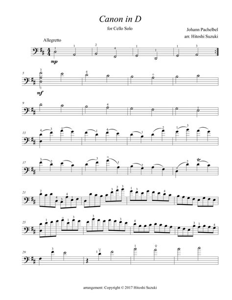 Canon In D Sheet Music Johann Pachelbel Cello Solo