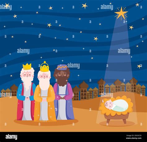 Nativity Manger Three Wise Kings And Baby Jesus With Star Cartoon