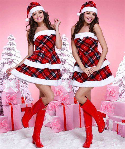 [22 off] sexy strapless sleeveless plaid women s christmas cosplay costume rosegal