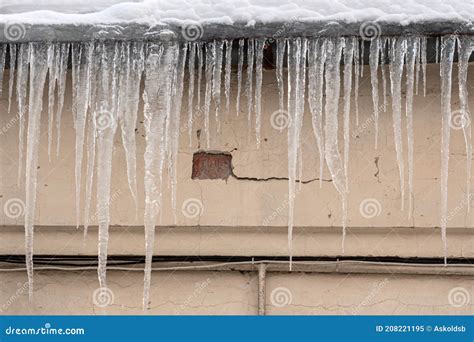Long Icicles Hang From Roof In Extreme Cold Weather Stock Image Image
