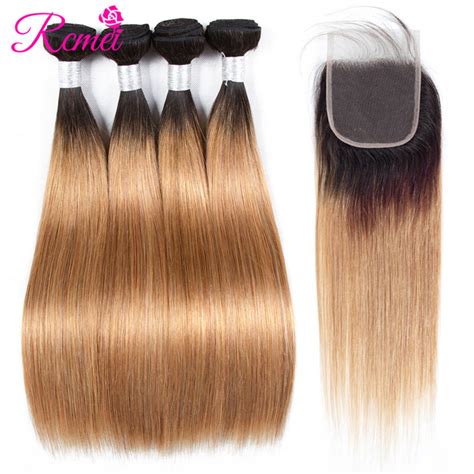 Honey Blonde Bundles With Closure Two Tone Dark Roots Ombre 1B 27 4