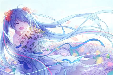 Wallpaper Hatsune Miku Flowers Twintails Vocaloid Big Smile