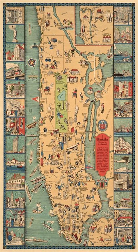 Manhattan Pictorial Map Vintage Map Of Manhattan Decorative Wall Map