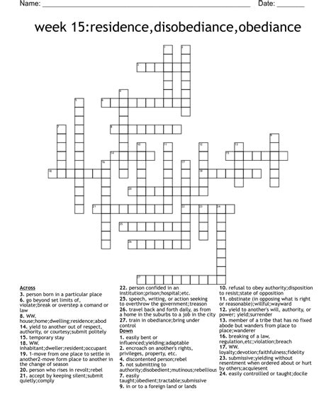 Week 15residencedisobedianceobediance Crossword Wordmint