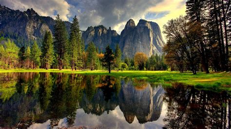 Yosemite National Park Usa Lake Water Reflection Trees Grass