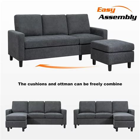 Walsunny Convertible Sectional Reversible Chaise L Shaped Sofa With Modern Linen Fabricgray