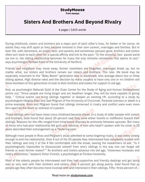 Sisters And Brothers And Beyond Rivalry Free Essay Example