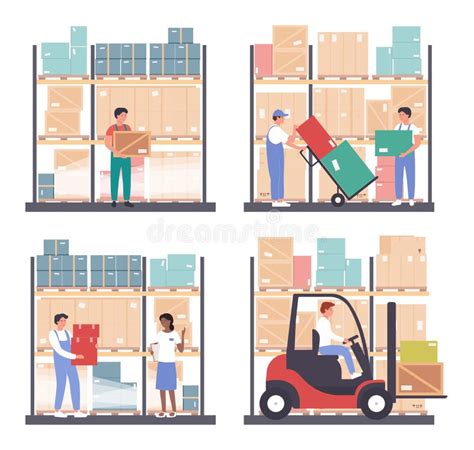 Warehouse Logistics Vector Illustration Set Cartoon Flat Worker People