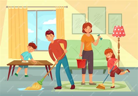 Limpieza Familiar De La Casa Padre Madre E Hijos Limpiando La Sala