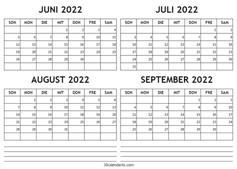 Kalender Juni Bis September 2022 Kostenlos Drukbare Kalender