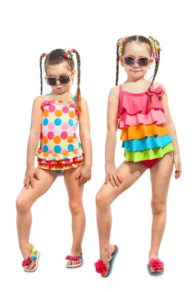 Fashionable Kids In Swimsuit Isolated On White Background Summer