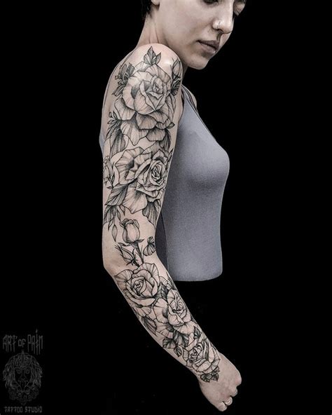 Татуировка женская графика тату рукав розы мастер Мария Котова 5057