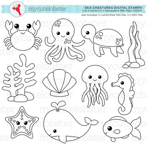 Sea Creatures Digital Stamps Outlines Line Art Crab Etsy Digital
