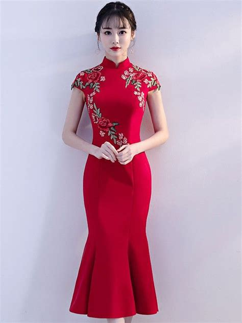 Red Embroidered Midi Qipao Cheongsam Evening Dress Traditional Outfits Chinese Dress Modern