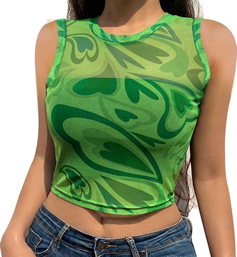 Meladyan Women Slim Fit Y2k Heart Print Sheer Mesh Crop Tank Top Casual